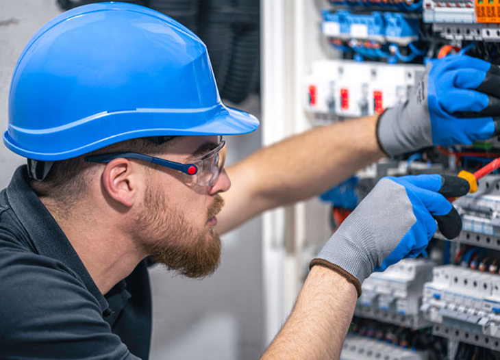 villanyszerelő kapcsolószekrénynél kesztyűben, szemvédőben és sisakban